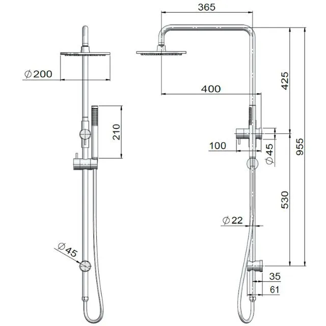 Meir Outdoor Combination Shower Rail 200mm 316 Stainless Steel